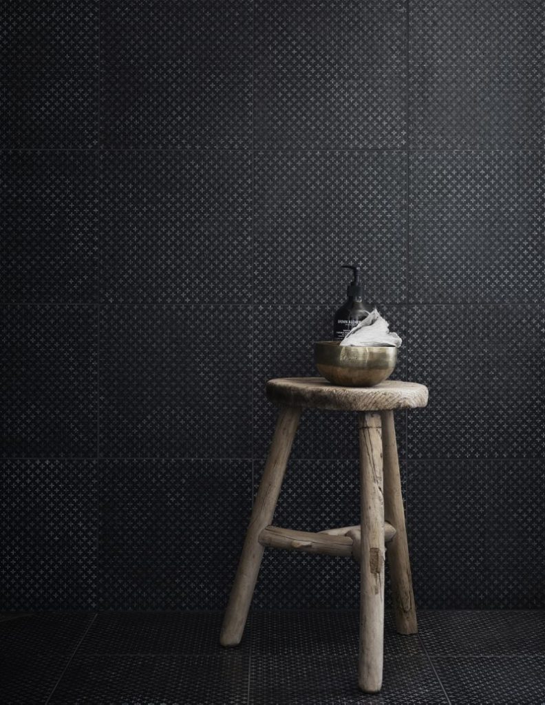 black tiles wooden stool