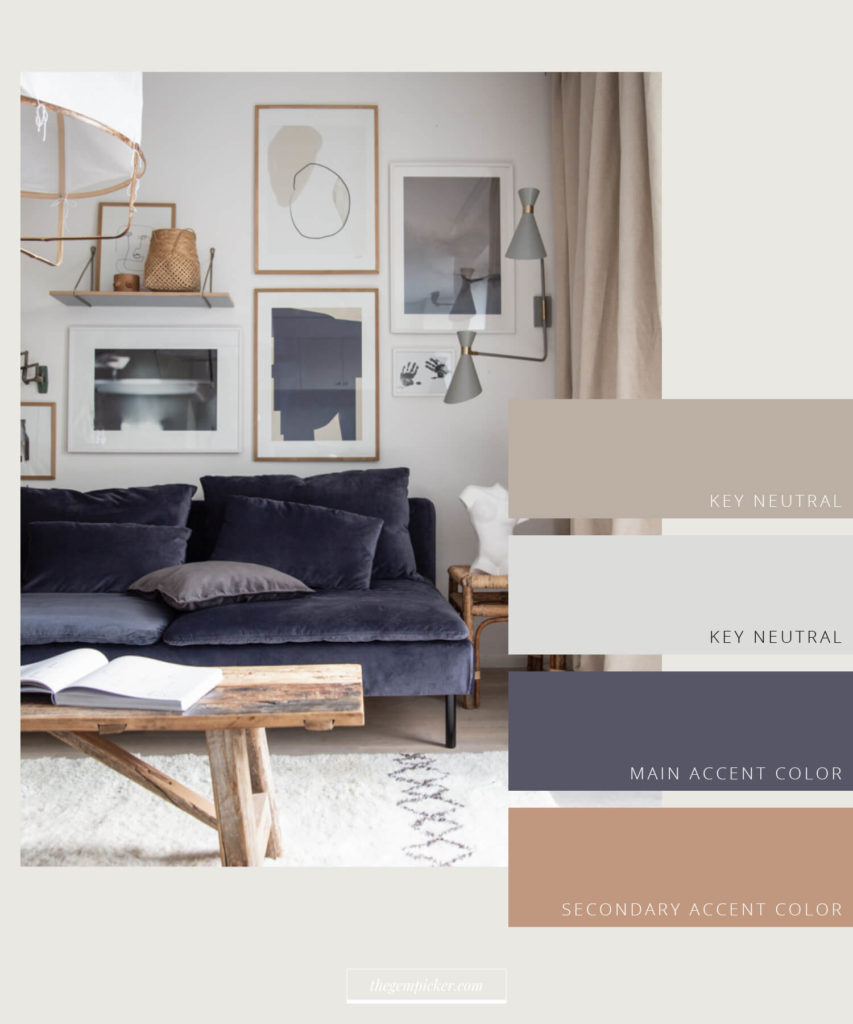 Interior color palette — Scandinavian living room with navy velvet sofa, warm taupe and grey key neutrals, terracotta accent