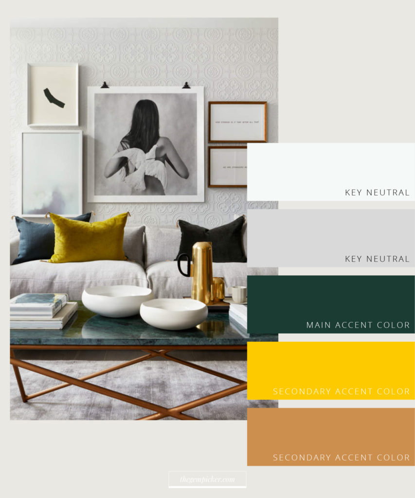 Interior color palette — contemporary living room with off-white and grey neutrals, deep teal green main accent, bright yellow and gold secondary accents