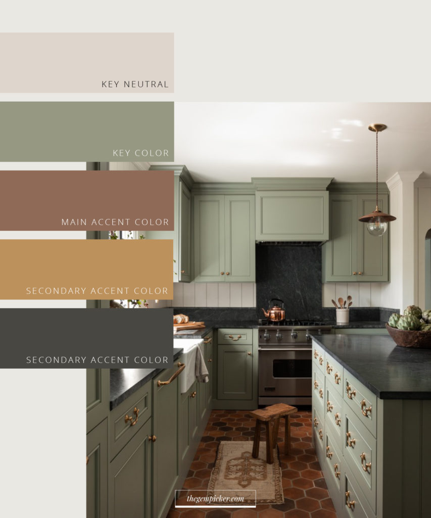 Interior color scheme — country kitchen with sage green cabinets, black stone countertops, terracotta hexagonal floor and brass hardware