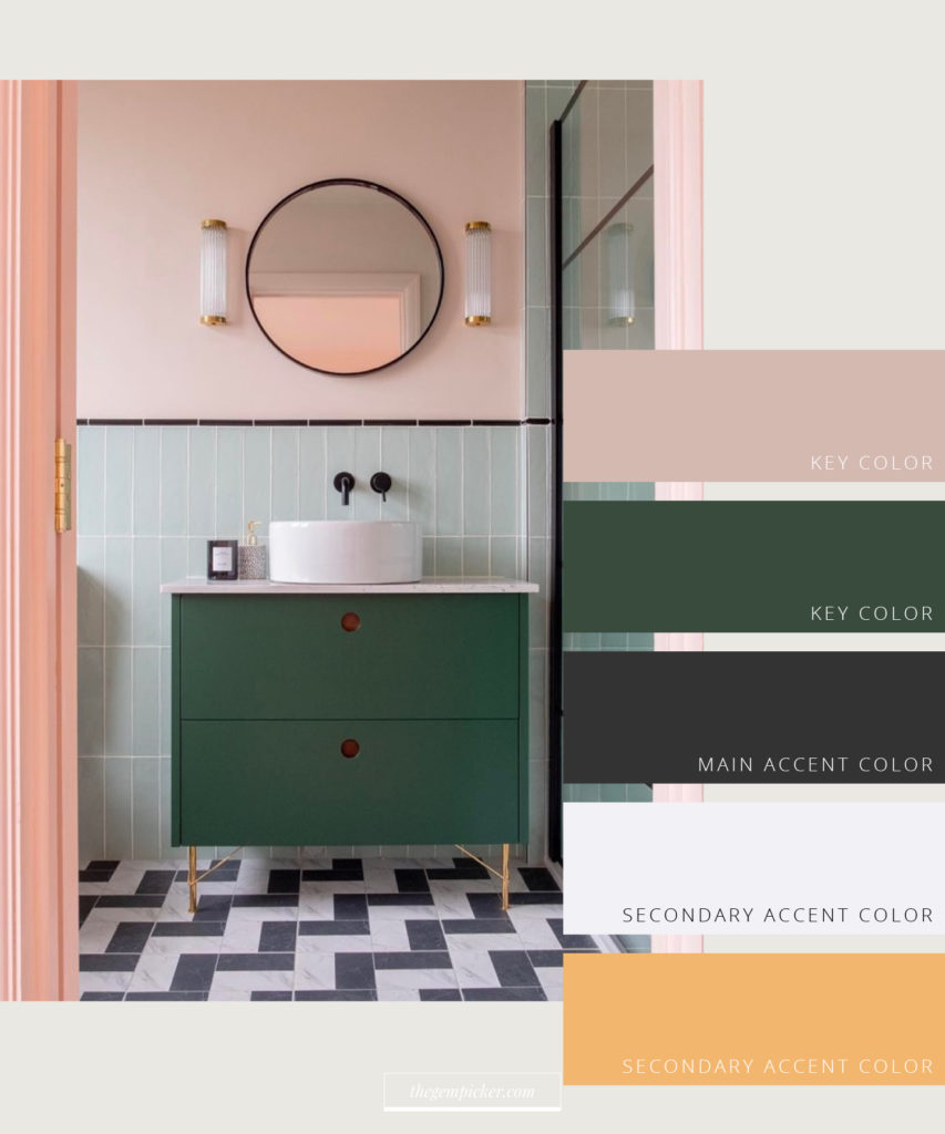 Interior color palette — pink and green bathroom with mint tiles, forest green vanity on brass legs, geometric marble floor