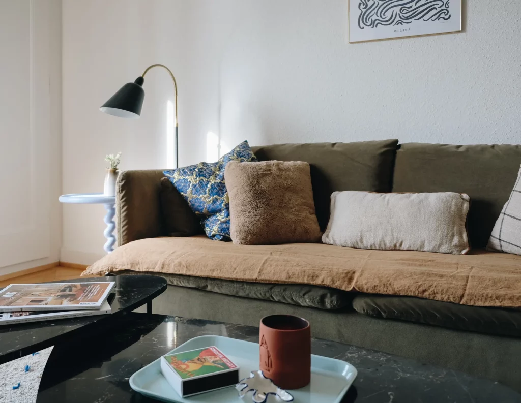 IKEA Söderhamn sofa with Bemz velvet cover and linen sofa topper, living room