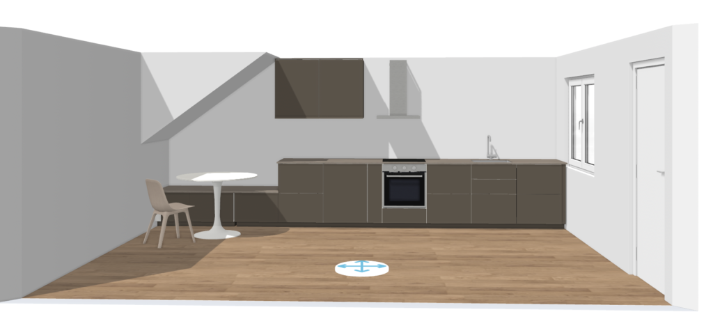 Final IKEA kitchen planner layout with linear cabinet run and bench under stairs