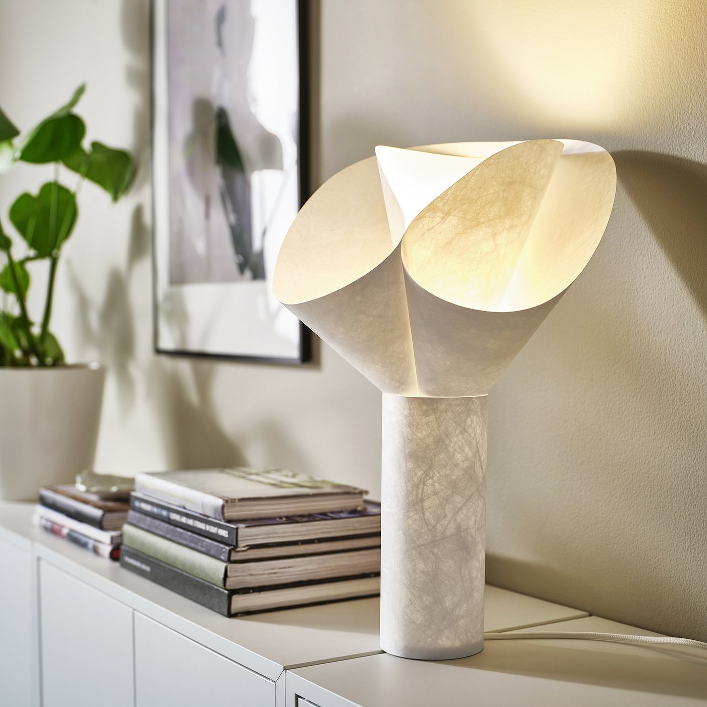 IKEA BÄCKNATE white sculptural table lamp styled on a sideboard