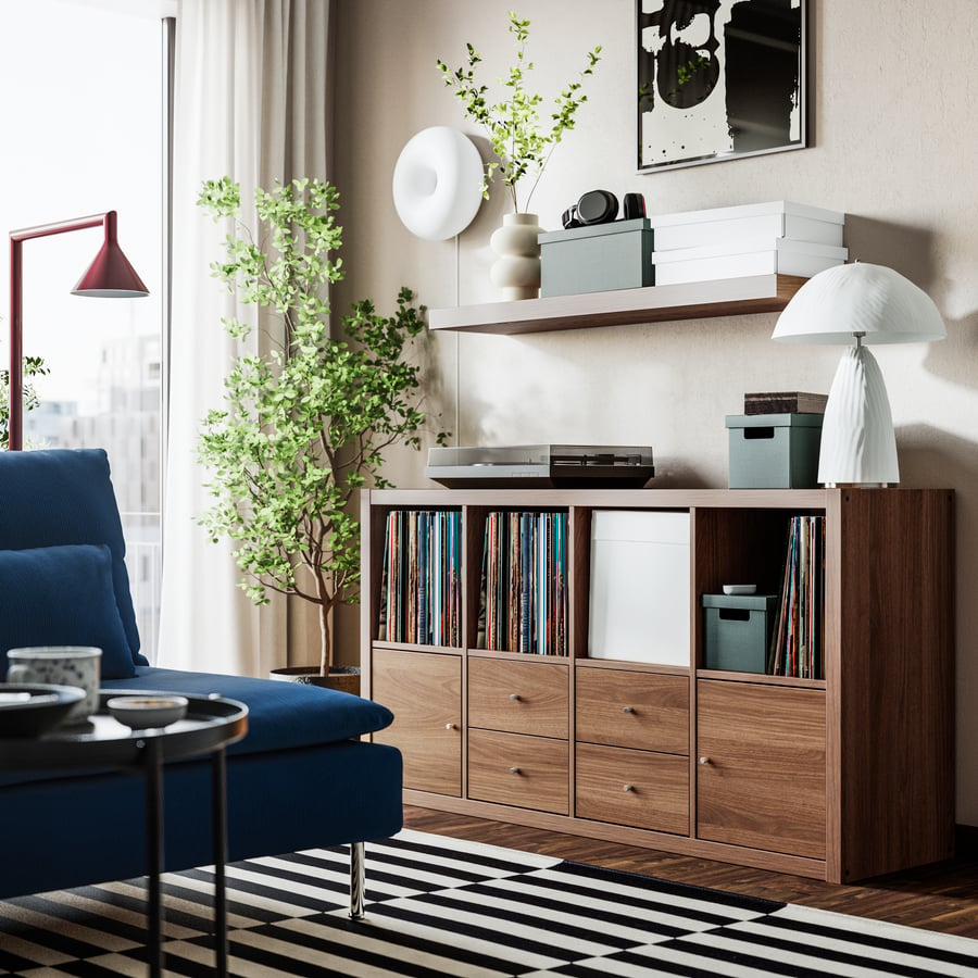IKEA KALLAX shelving unit with doors and drawers in walnut effect