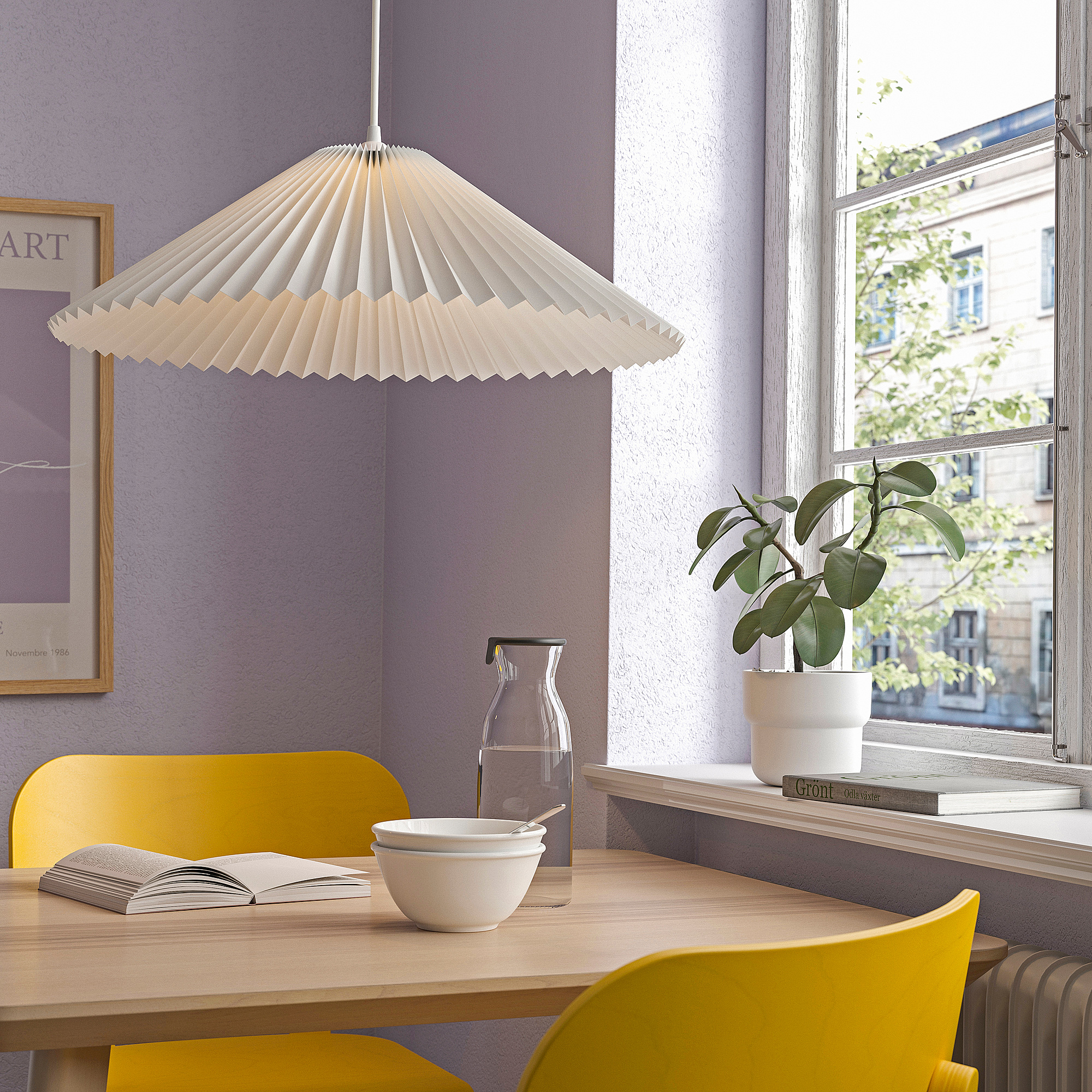IKEA KUDDLAVA SKAFTET white pleated pendant lamp above a dining table