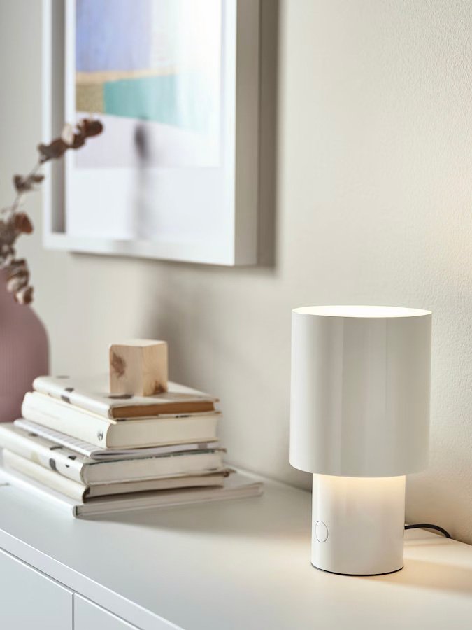 IKEA SPETSBOJ green dimmable table lamp styled on a console